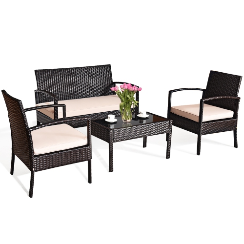 Costway Modern 4-Piece Outdoor Patio Conversation Set Rattan Wicker Cushioned Sofa Set Furniture Black