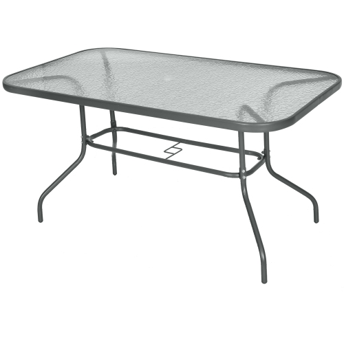 Outsunny Metal Garden Dining Tables Outdoor Patio w/ Tempered Glass Top, Umbrella Hole, 55" x 31.5"