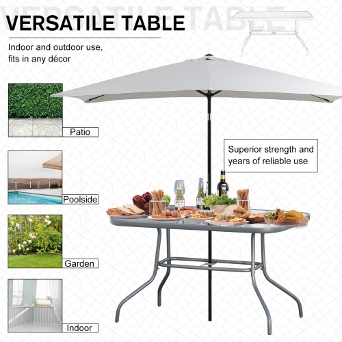 Outsunny Metal Garden Dining Table with Umbrella Hole, Outdoor Patio Table with Tempered Glass Top, 55" x 31.5"