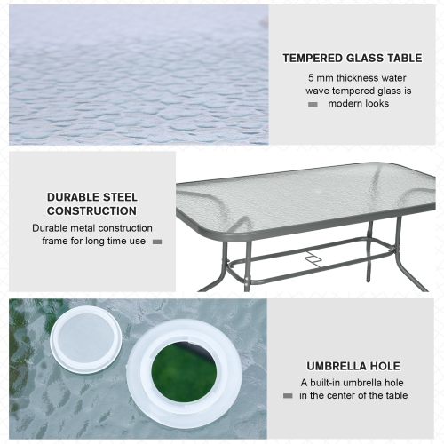Outsunny Metal Garden Dining Table with Umbrella Hole, Outdoor Patio Table with Tempered Glass Top, 55" x 31.5"