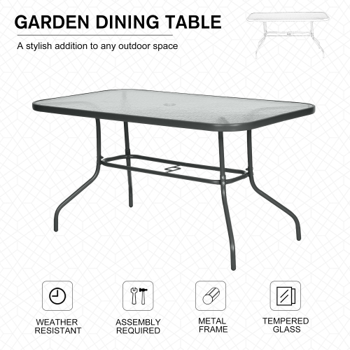 Outsunny Metal Garden Dining Table with Umbrella Hole, Outdoor Patio Table with Tempered Glass Top, 55" x 31.5"