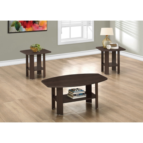 Monarch Specialties Table Set 3 Piece Set Cappuccino - Coffee Table 36"L x 22"D x 16"H/ End Table 20"L x 20"D x 20"H