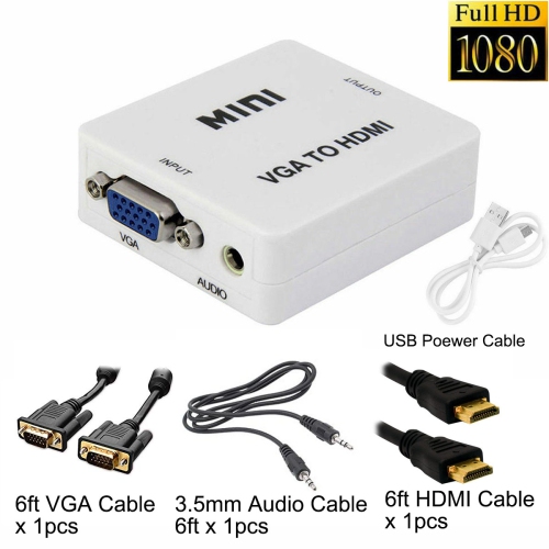 HYFAI Mini VGA to HDMI Audio Video Converter Adapter with USB Cable and 3.5mm Audio Support HDTV for PC Laptop + 3 Cable sets