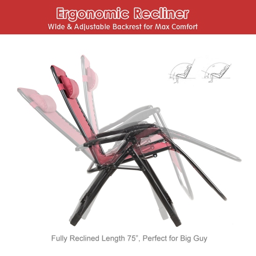 Marque Costway, Chaise à Zéro Gravité, Chaise longue surdimensionnée Très Résistante et Pliante Inclinable Rouge pour Patio