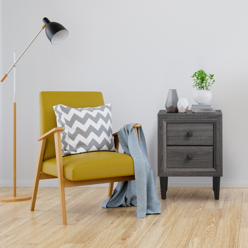 Costway 2PCS Nightstand W/2 Drawer Multipurpose Retro Grey Bedside Table Fully Assembled
