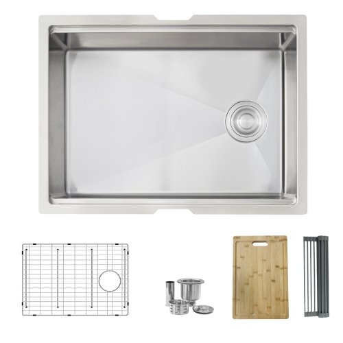 Stylish Undermount Workstation 25" Single Bowl Stainless Steel Kitchen Sink with built-in Accessories, S-612W