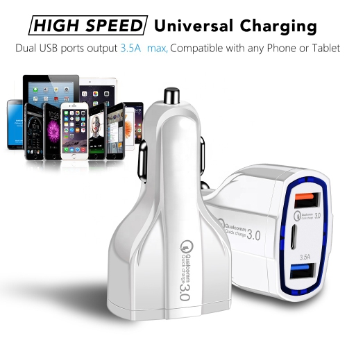 Universal Car Charger for Smartphones iPhone Android USB-C PD Power Delivery 2 USB QC 3.0 Fast Charging Boost Adaptive