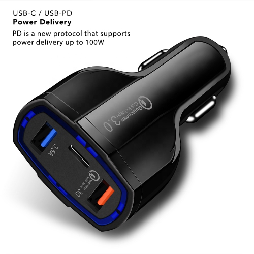 Universal Car Charger for Smartphones iPhone Android USB-C PD Power Delivery 2 USB QC 3.0 Fast Charging Boost Adaptive
