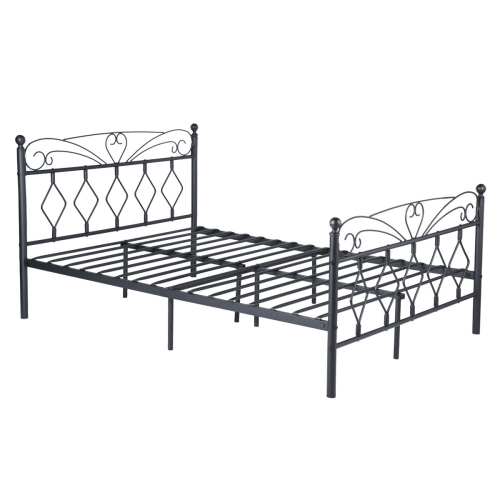 Black-1, Double Bed Platform Double Metal Bed Frame Day Bed with Headboard