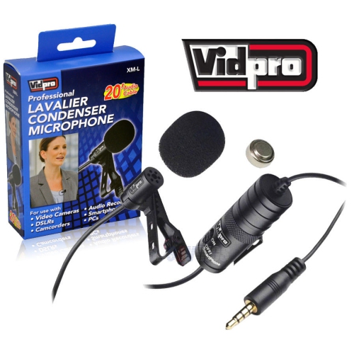 Microphone cravate à condensateur XM-L de Vidpro pour appareils photo reflex numériques, caméscopes et caméras vidéo Câble audio 20 pi - version inte