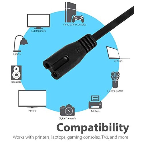 Lapmart TV Power Cord 6Ft Cable for Audio & Video, 2 Prong AC Wall Plug for PS4 PS3 Slim Xbox One S/X Camera Charge