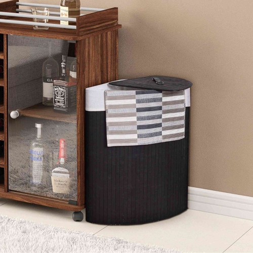 Costway Corner Bamboo Hamper Laundry Basket Washing Cloth Bin Storage Bag Lid
