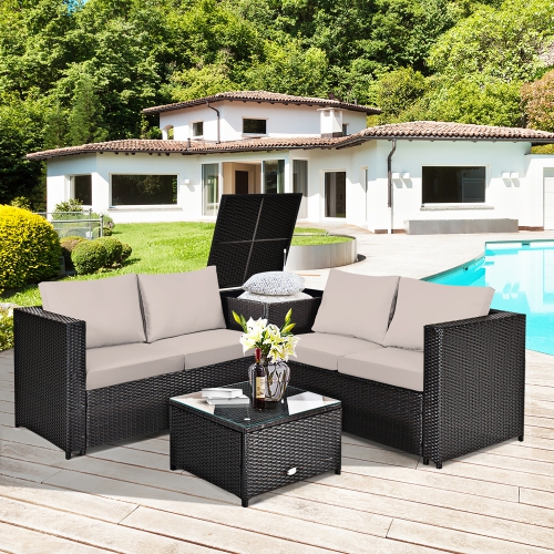 Costway Modern 4-Piece Outdoor Patio Sectional Conversation Set Rattan Cushioned Loveseat Storage Table
