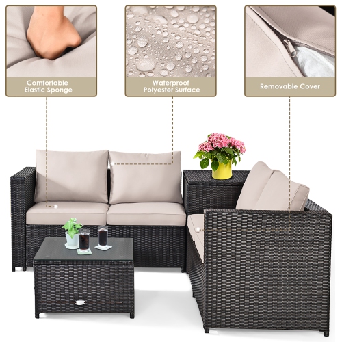 Costway Modern 4-Piece Outdoor Patio Sectional Conversation Set Rattan Cushioned Loveseat Storage Table