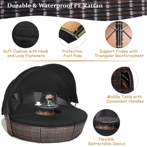 Canapé lit d’extérieur rembourré en rotin pour le patio couleur noir Costway