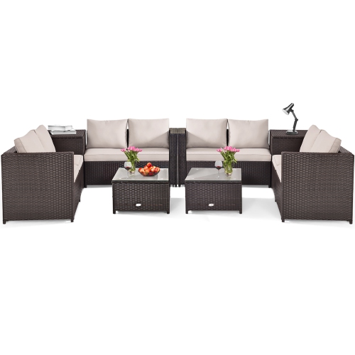 Costway 8PCS Outdoor Patio Conversation Set Rattan Cushioned Loveseat with Storage Table