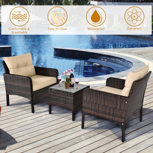 Costway 3PCS Outdoor Rattan Conversation Set Patio Garden Cushioned Sofa Chair