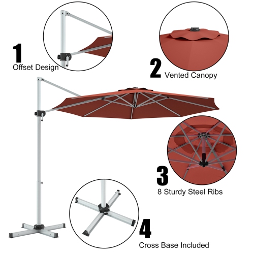 Costway 11' Patio Cantilever Offset Umbrella 360 degrees Rotation Aluminum Tilt Brick Red