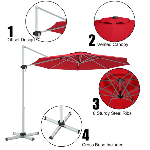 Costway 11' Patio Cantilever Offset Umbrella 360 degrees Rotation Aluminum Tilt Red