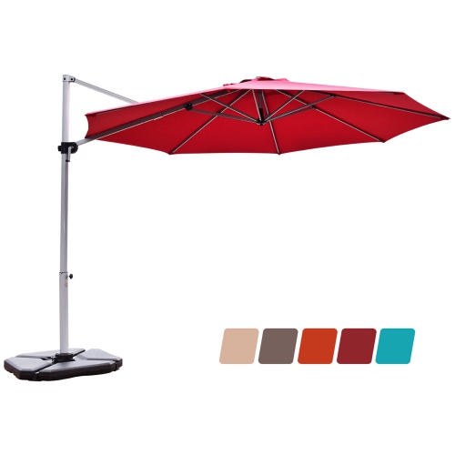 Parasol de patio en porte-à-faux décalé de 11 pi de Costway, rotation à 360 degrés, base inclinable en aluminium rouge