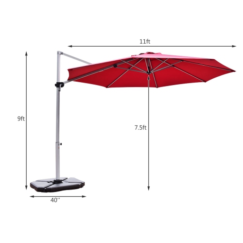 Parasol de patio en porte-à-faux décalé de 11 pi de Costway, rotation à 360 degrés, base inclinable en aluminium rouge