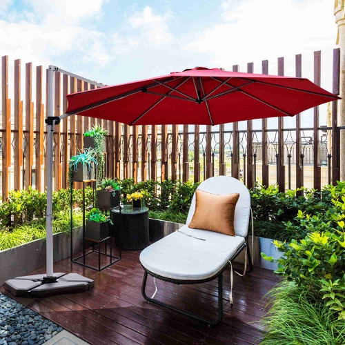 Parasol de patio en porte-à-faux décalé de 11 pi de Costway, rotation à 360 degrés, base inclinable en aluminium rouge