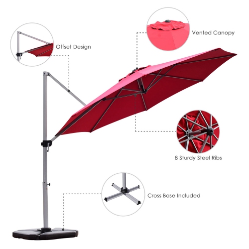 Parasol de patio en porte-à-faux décalé de 11 pi de Costway, rotation à 360 degrés, base inclinable en aluminium rouge