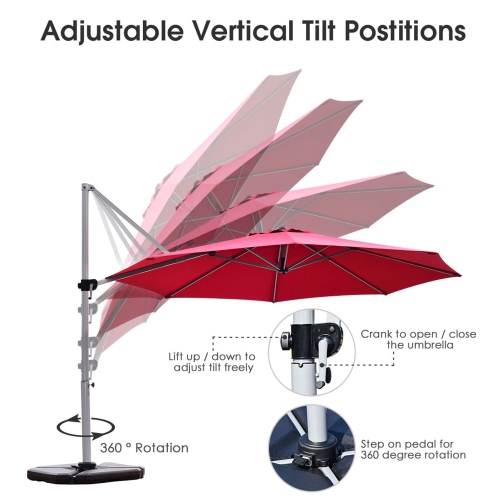 Parasol de patio en porte-à-faux décalé de 11 pi de Costway, rotation à 360 degrés, base inclinable en aluminium rouge