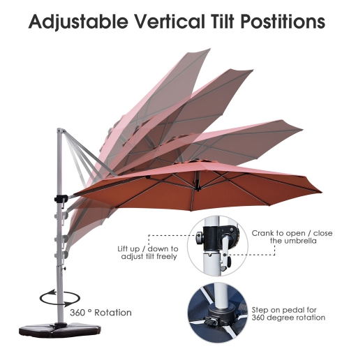 Parasol de patio en porte-à-faux décalé de 11 pi de Costway, rotation à 360 degrés, base inclinable en aluminium, rouge brique