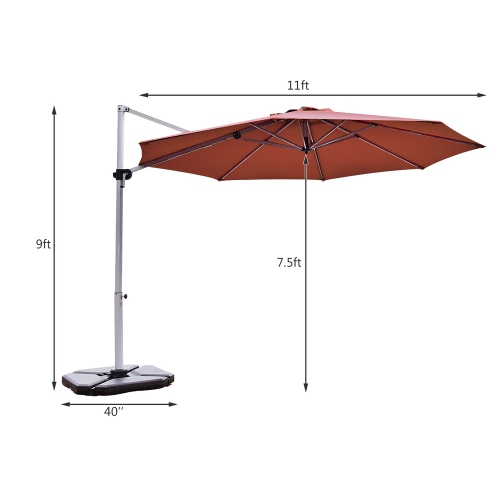 Parasol de patio en porte-à-faux décalé de 11 pi de Costway, rotation à 360 degrés, base inclinable en aluminium, rouge brique
