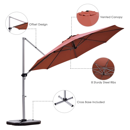 Parasol de patio en porte-à-faux décalé de 11 pi de Costway, rotation à 360 degrés, base inclinable en aluminium, rouge brique