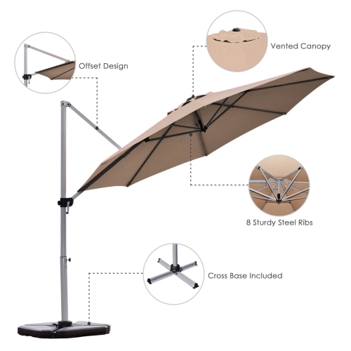 Costway 11' Patio Cantilever Offset Umbrella 360 degrees Rotation Aluminum Tilt Base Tan
