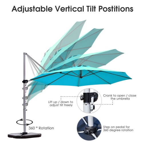 Costway 11' Patio Cantilever Offset Umbrella 360 degrees Rotation Aluminum Tilt Base Turquoise