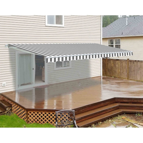 ALEKO AW13X10GREYWHT 13 X 10 Feet Retractable Home Patio Canopy Awning, Grey and White Striped Pattern