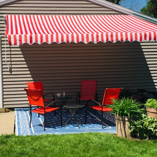 Aleko Motorized White Frame Red And White Striped Retractable Patio Awning 16 X 10 Feet Best Buy Canada