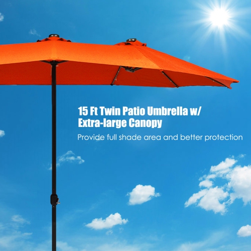 Costway 15Ft Patio Double-Sided Solar LED Market Umbrella Crank
