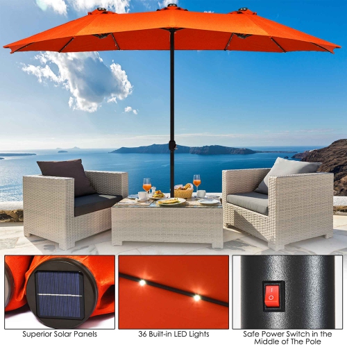 Costway 15Ft Patio Double-Sided Solar LED Market Umbrella Crank