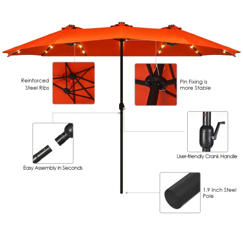 Costway 15Ft Patio Double-Sided Solar LED Market Umbrella Crank
