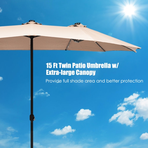 Costway 15Ft Patio Double-Sided Solar LED Market Umbrella Crank