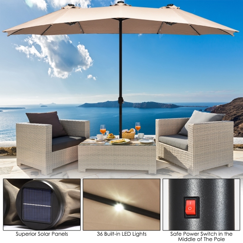 Costway 15Ft Patio Double-Sided Solar LED Market Umbrella Crank