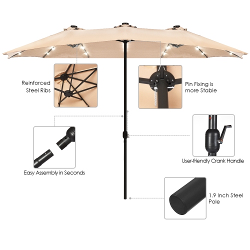 Costway 15Ft Patio Double-Sided Solar LED Market Umbrella Crank