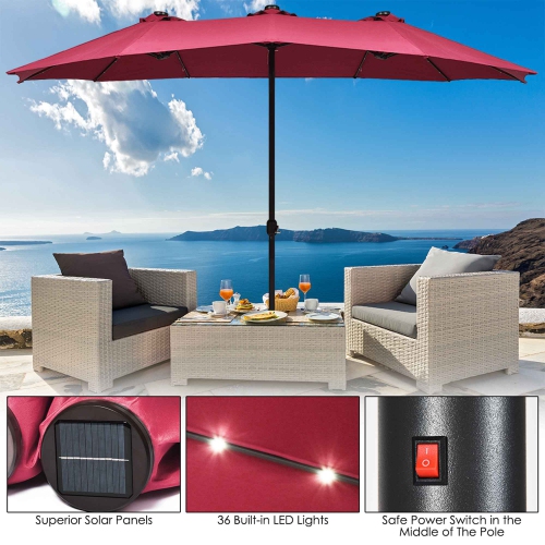 Manivelle de parasol de patio solaire double face de 15 pi LED de Costway