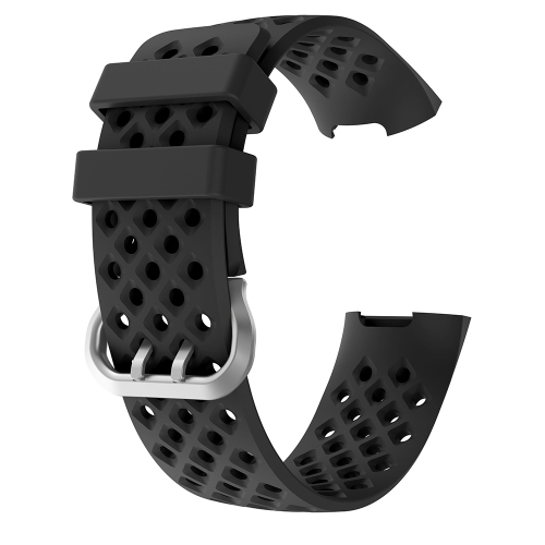 StrapsCo Perforated Silicone Rubber Replacement Watch Band Strap for Fitbit Charge 4 - Medium-Long - Black