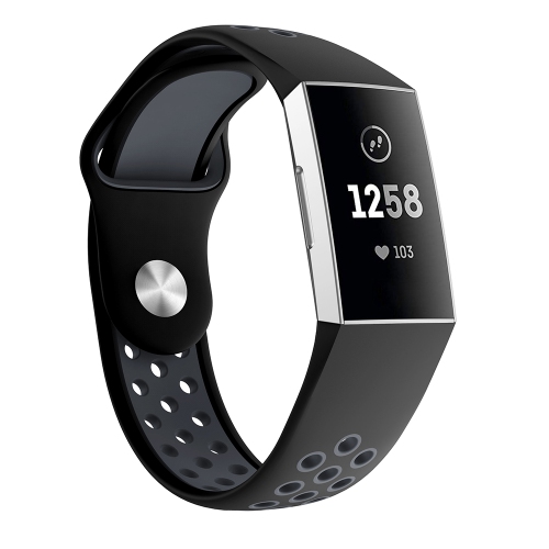 STRAPSCO  Perforated Two Color Silicone Rubber Watch Band Strap for Fitbit Charge 4 - Short-Medium - & Grey In Black