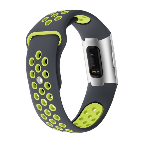 StrapsCo Perforated Two Color Silicone Rubber Watch Band Strap for Fitbit Charge 4 - Short-Medium - Grey & Lime