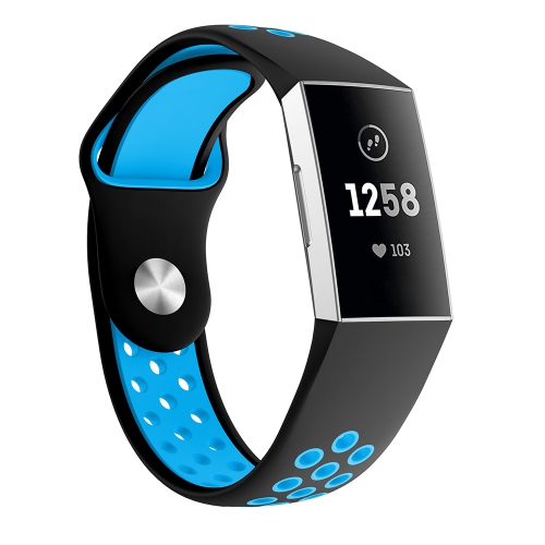 Bracelet caoutchouc silicone perforé deux couleurs de StrapsCo pour charge 4 de Fitbit - moyen-Noir/Bleu