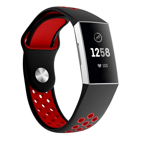 Bracelet caoutchouc silicone perforé deux couleurs de StrapsCo pour charge 4 de Fitbit - moyen-long - Noir/rouge