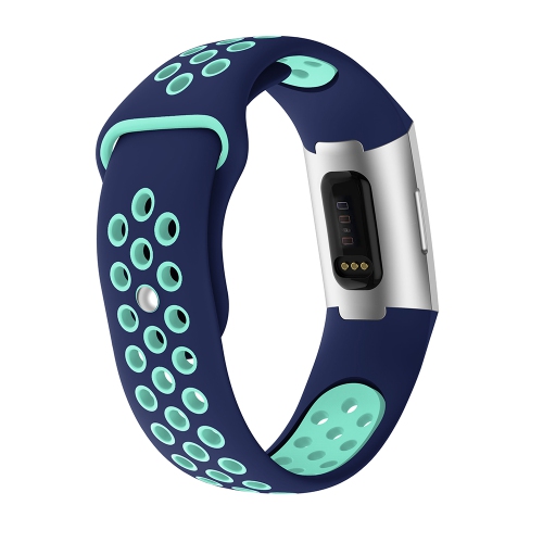 StrapsCo Perforated Two Color Silicone Rubber Watch Band Strap for Fitbit Charge 4 - Short-Medium - Blue & Turquoise
