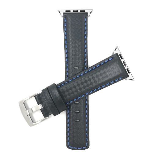 Bandini Leather Watch Strap for Apple Watch Band 42mm /41mm / 40mm / 38mm, Series 11 10 9 8 7 6 5 & SE, Carbon Fiber, Black / Blue / Silver