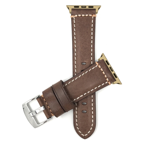 Bandini Leather Replacement Watch Strap for Apple Watch Band 42mm /41mm / 40mm / 38mm, Series 10 9 8 7 6 5 4 3 & SE - Brown / Gold